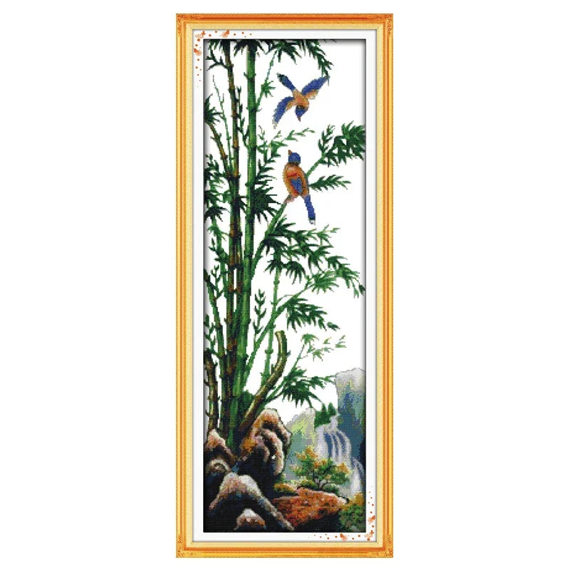 tableau paysage naturel arbres fleurs oiseaux papillons coton doré broderie