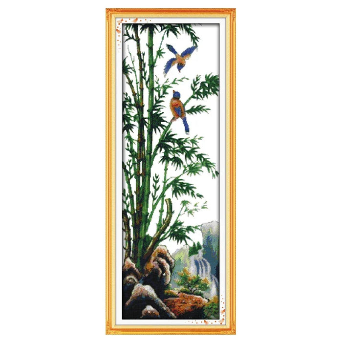 tableau paysage naturel arbres fleurs oiseaux papillons coton doré broderie