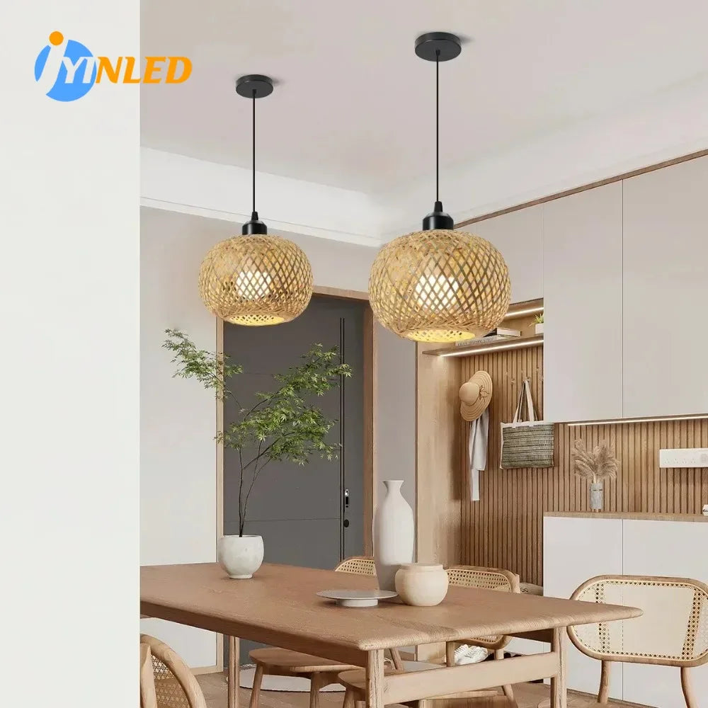 lampe suspendue tissage bambou naturel moderne artisanale pince e27 câble suspension adjustable chambre restaurant