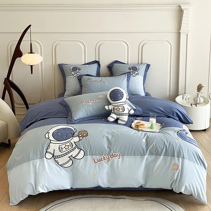 ensemble literie bleu astronautes étoiles lune enfants moderne doux coton hypoallergénique