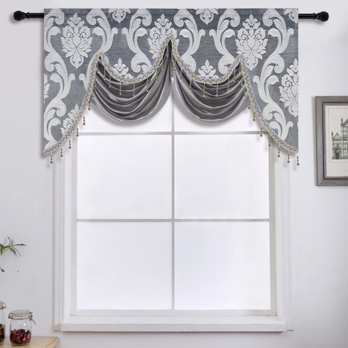 rideau fenêtre floral damassé semi transparent gris beige tissu polyester texturé glands classique 135x75cm