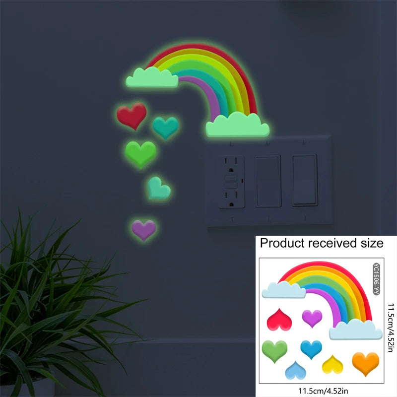 sticker mural lumineux arc ciel nuages étoiles enfants décoration chambre école coeurs rouge vert