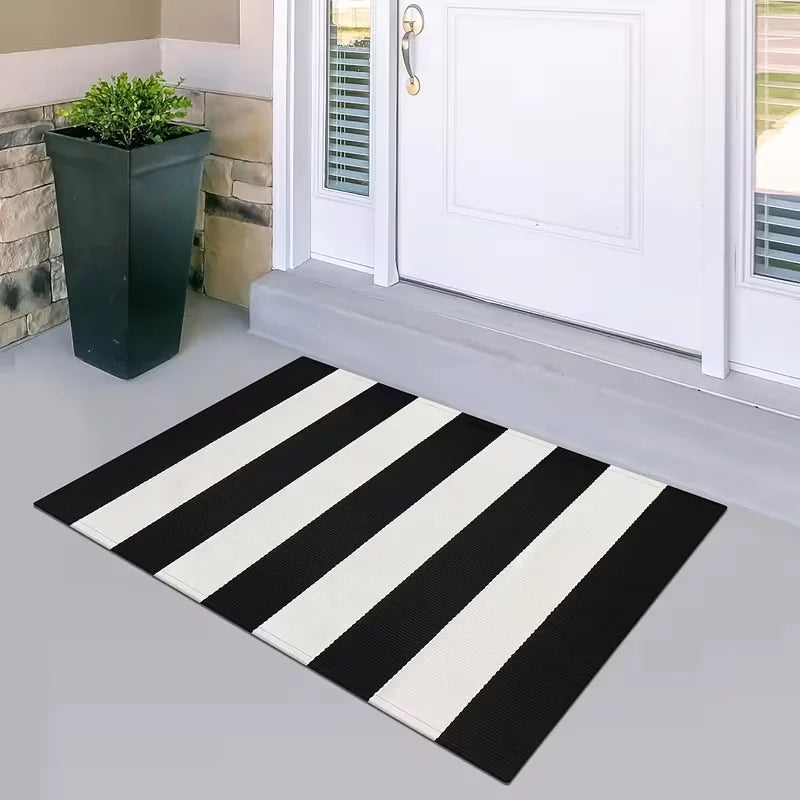 tapis sol moderne rayures horizontales noir blanc rose orange résistant antidérapant extérieur machine