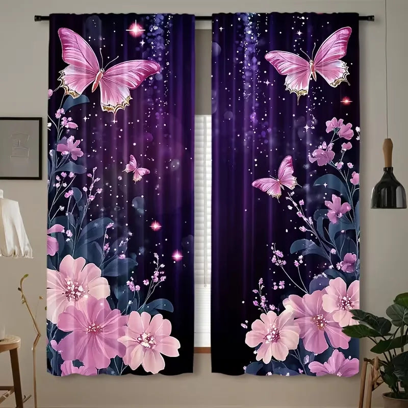 rideaux violet papillons roses motifs floraux moderne opaques deux panneaux polyester