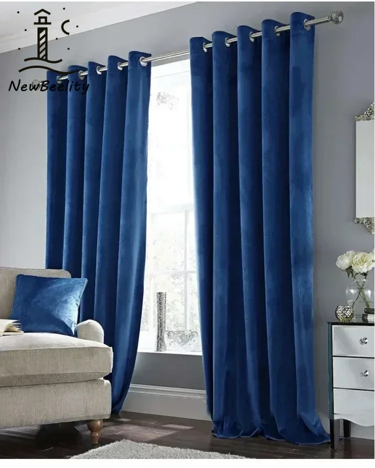 rideau velours bleu marine moderne grommets opaque polyester uni chambre salon