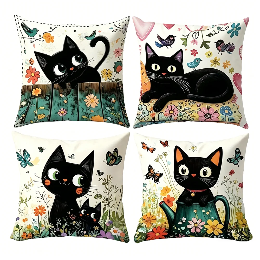 coussin illustration chats noirs fleurs polyester peacheskin 40x40cm 45x45cm 50x50cm 60x60cm