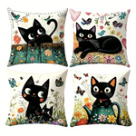 coussin illustration chats noirs fleurs polyester peacheskin 40x40cm 45x45cm 50x50cm 60x60cm