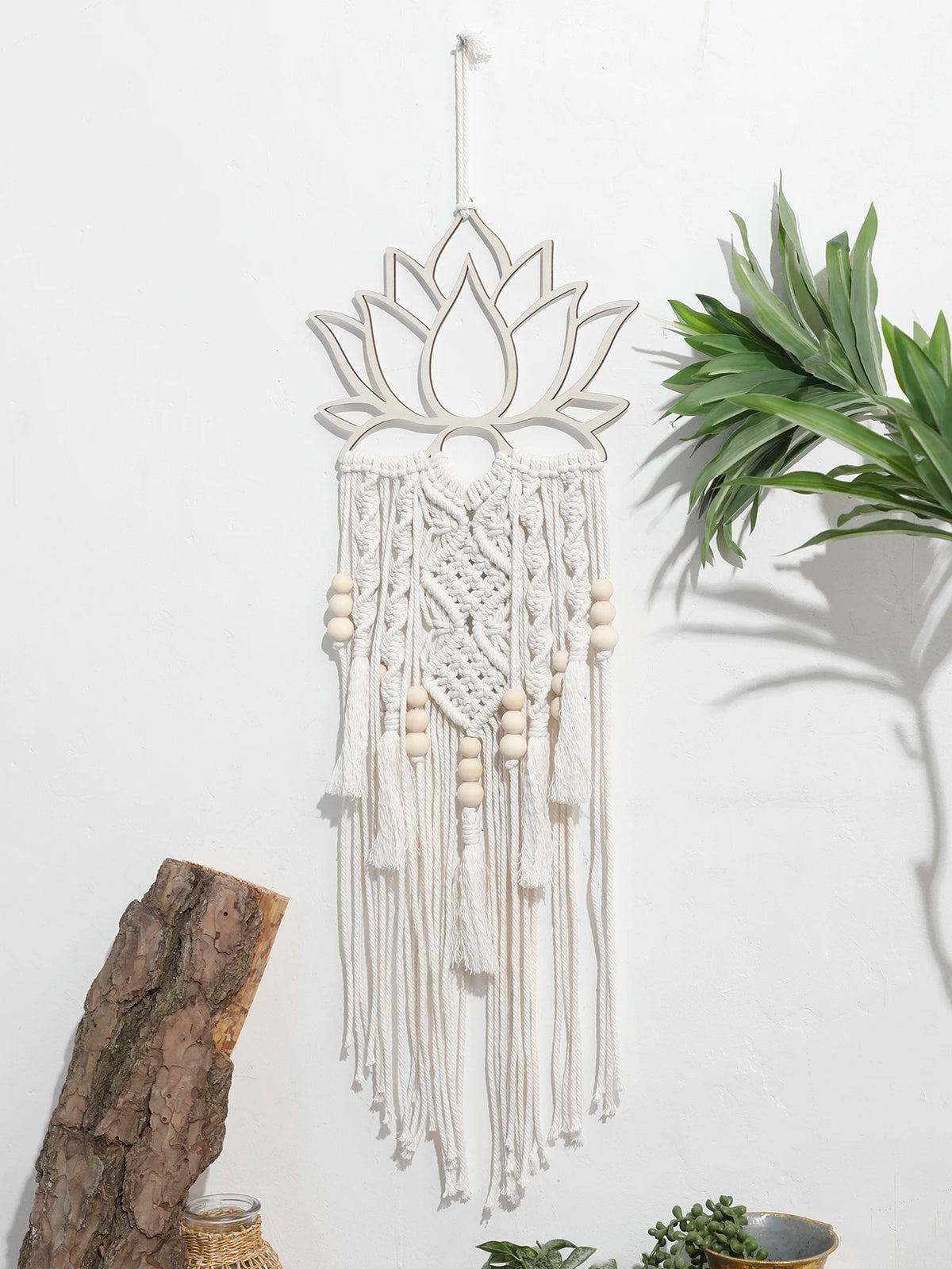 décoration murale macramé boho fleurs lotus franges blanc chambre zen