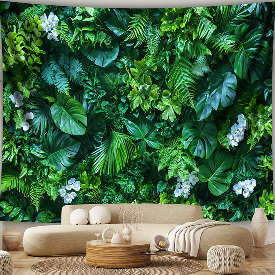 tapisserie murale feuilles tropicales clips moderne naturel vert blanc polyeste chambre salon