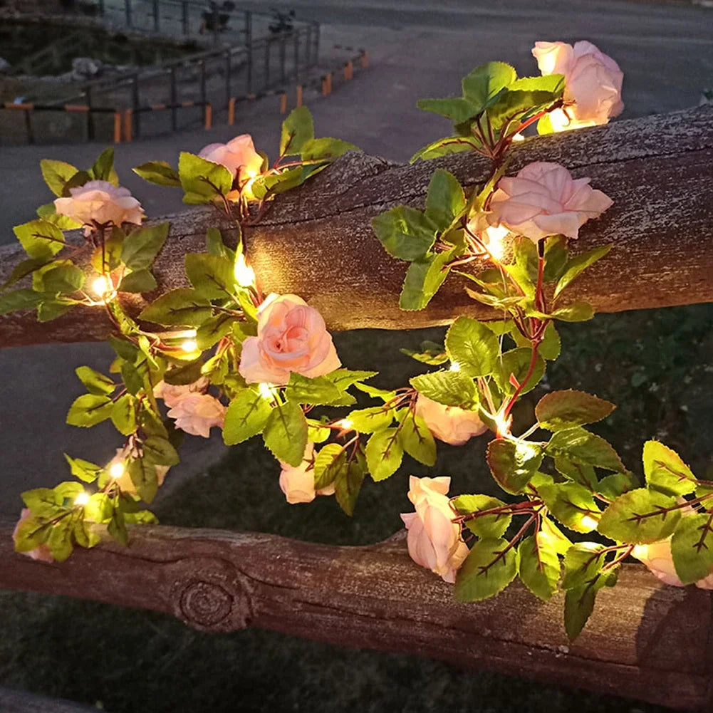 guirlande lumineuse fleurs artificielles rose feuilles vertes adhésif solaire led 5m 16.4ft 50leds
