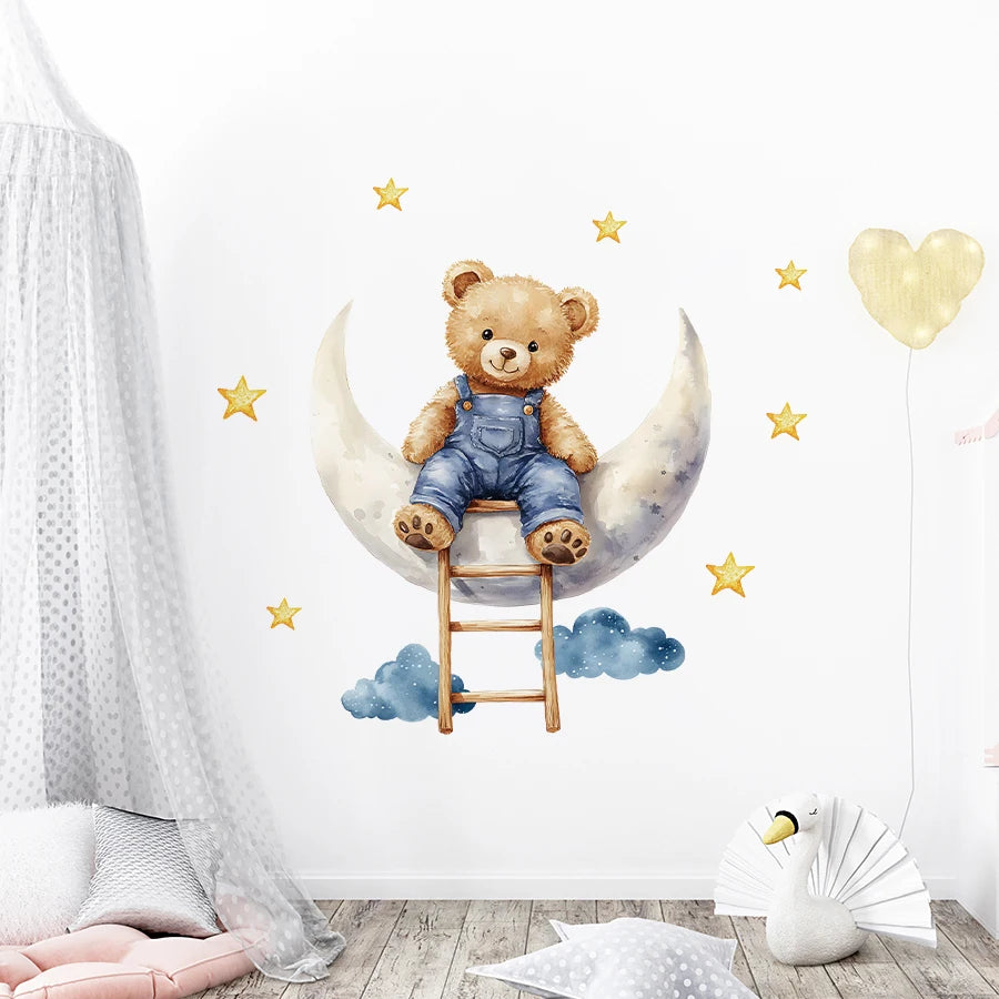sticker mural dessin animé ours lune nuages étoiles enfants chambre décoration auto collant PVC