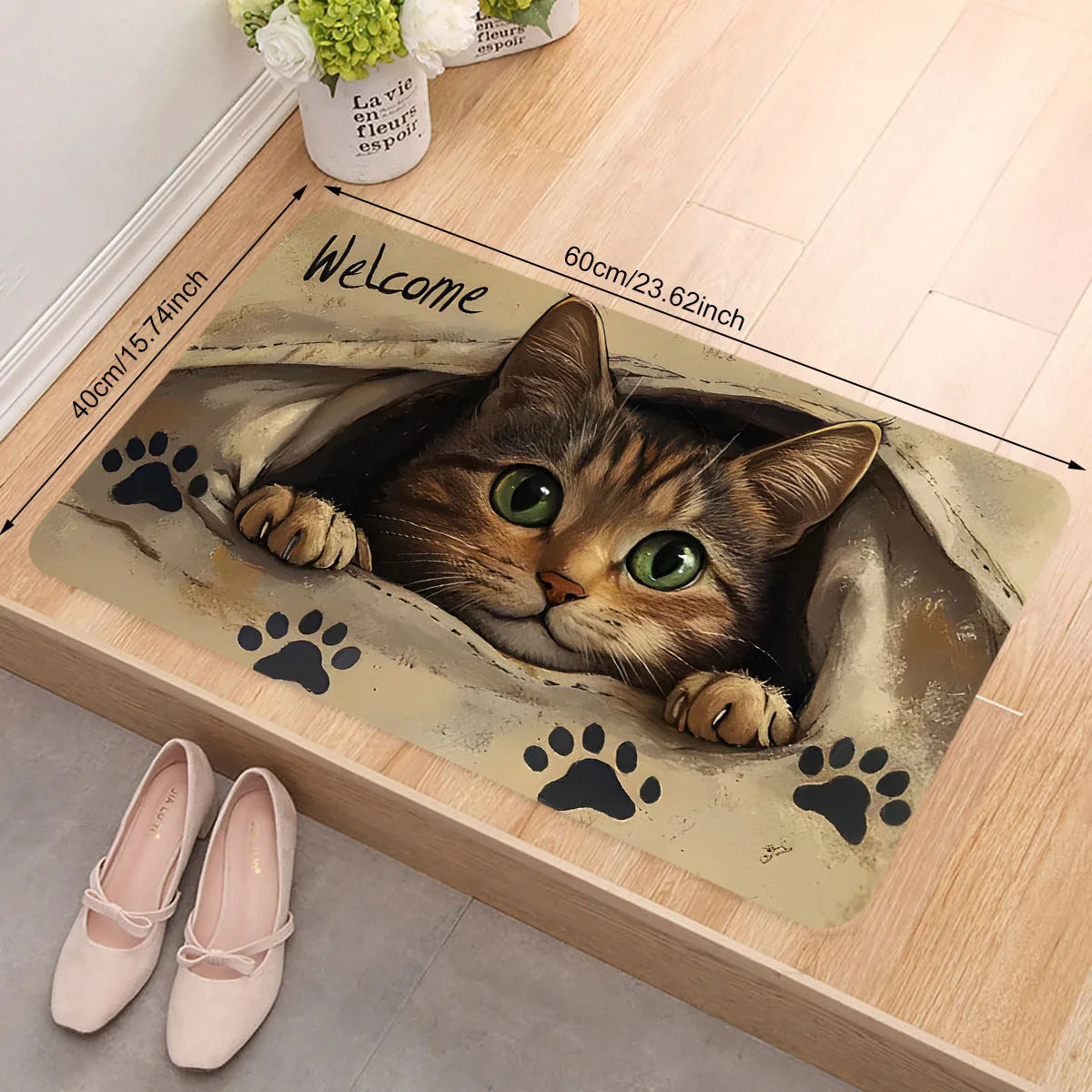 tapis d'entrée moderne chat welcome adhésif résistant extérieur intérieur beige noir vert gris
