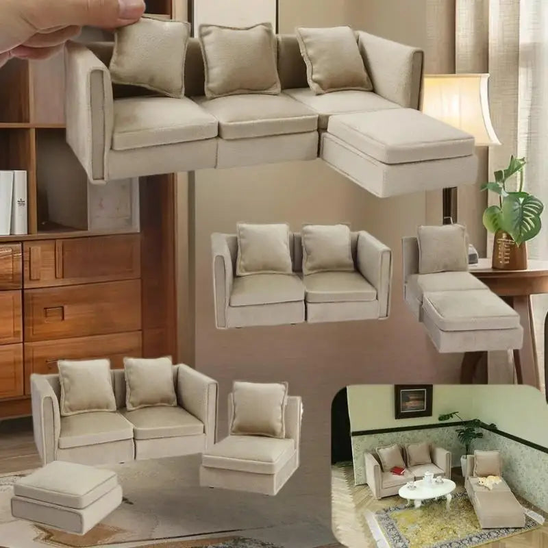 meubles miniature maison poupée canapé fauteuil table basse beige crème moderne minimaliste coussins tapis