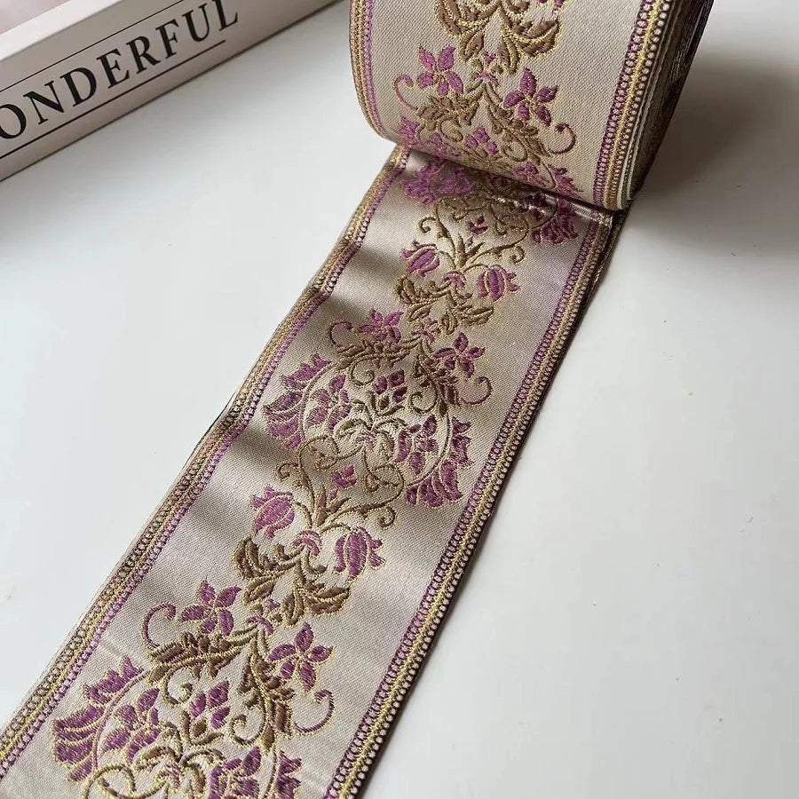 ruban brodé fleurs polyester largeur 9cm beige marron rouge vert élégant classique opaque