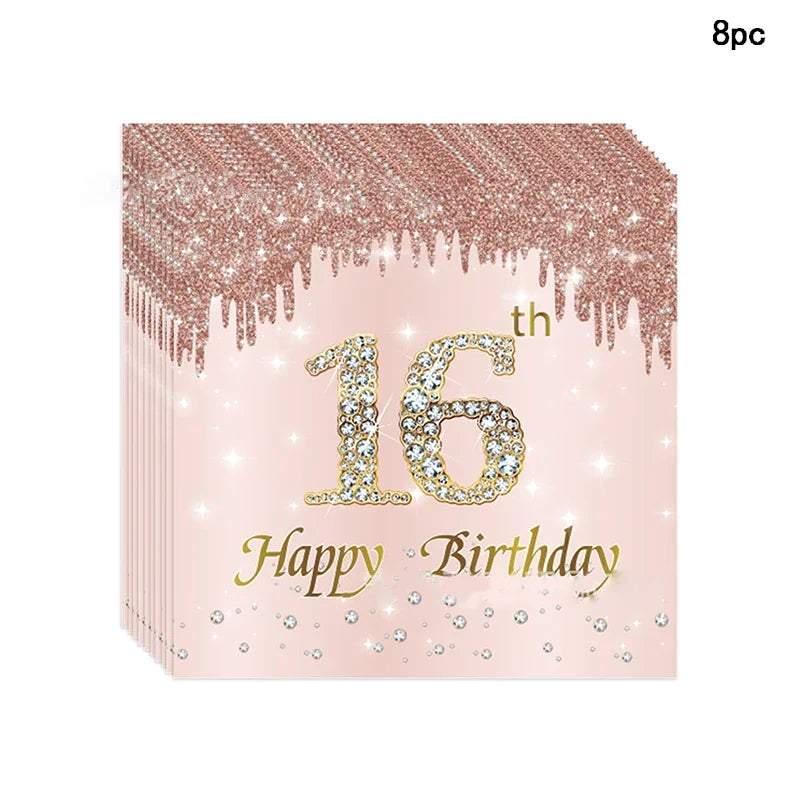 vaisselle jetable rose paillettes 16th birthday assiettes verres serviettes nappe festive
