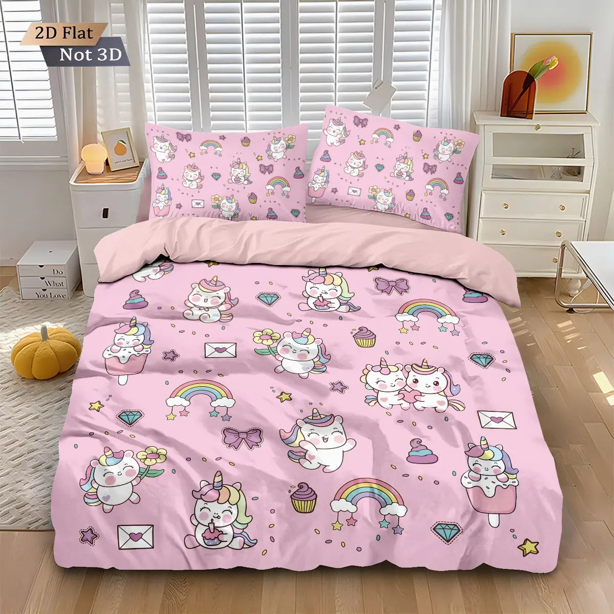 housse couette licorne mignonne rose clair dessin animé oreiller lit pièces polyester lavable machine