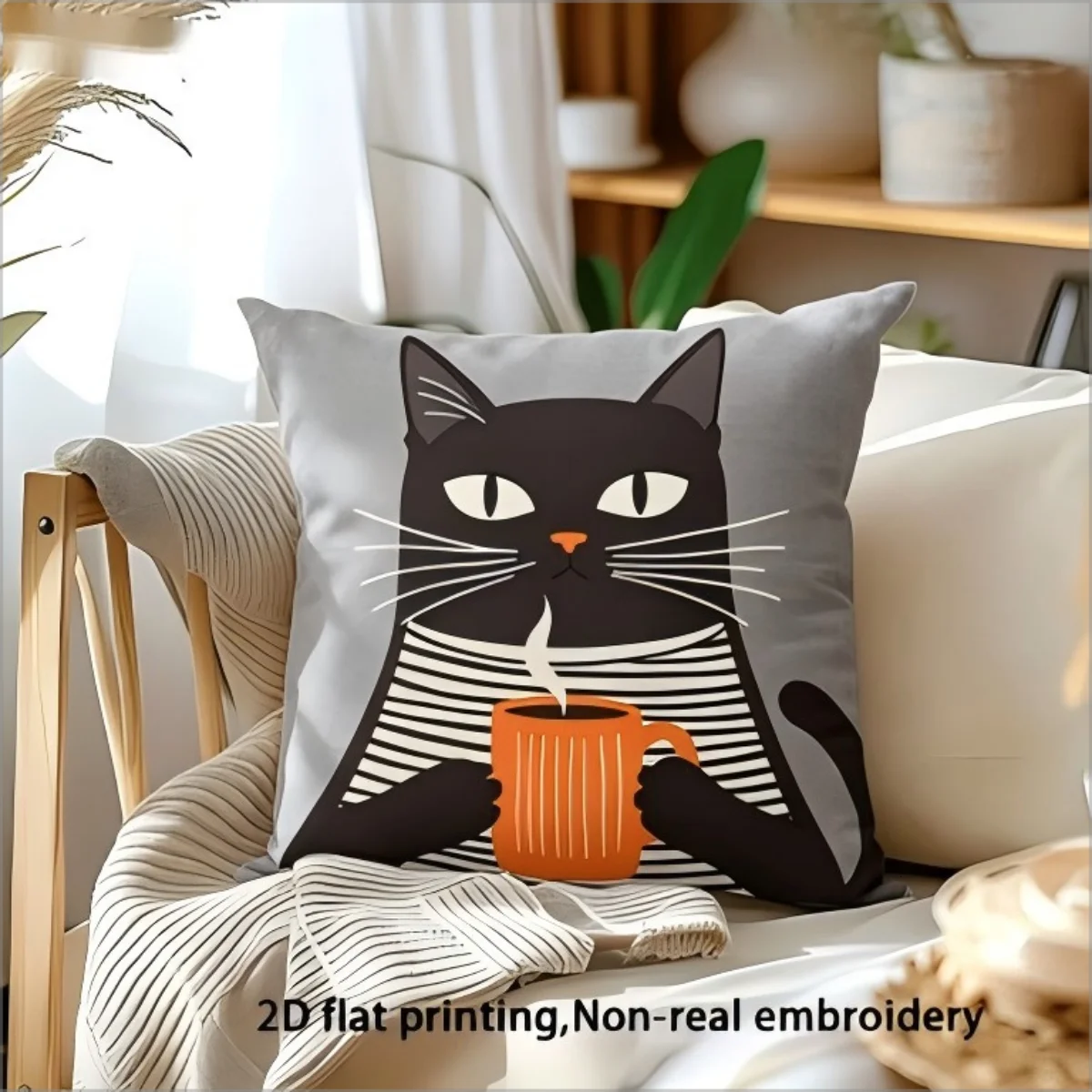 coussin carré imprimé chat noir tasse rayures horizontales bleu rose jaune gris vert polyester
