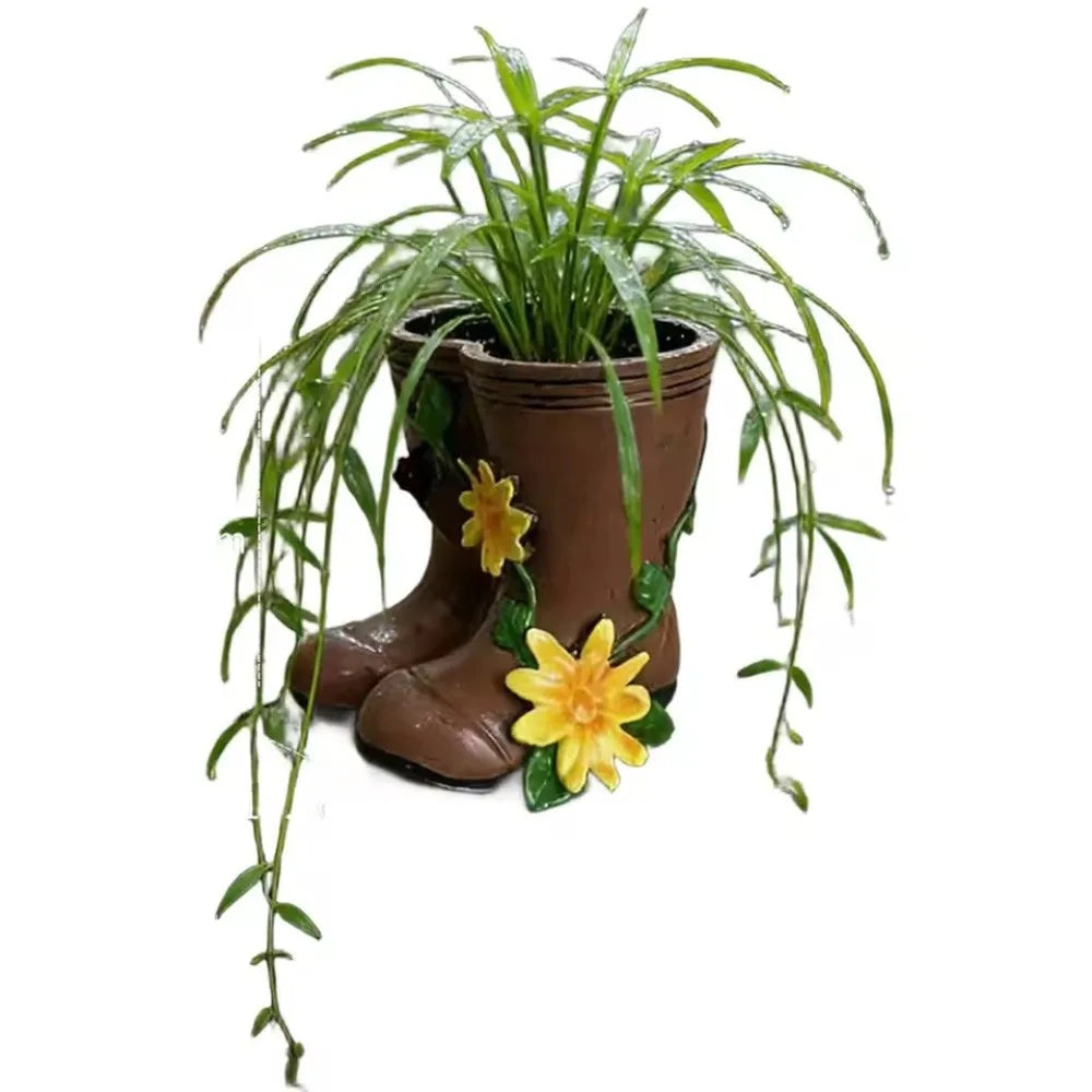 vase forme botte marron imitation cuir rustique arrangement fleuri décoration jardinextérieur