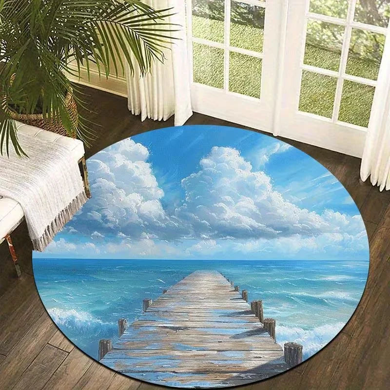 tapis rond moderne motif vague fleurs montagne salon décoration bleu blanc rouge
