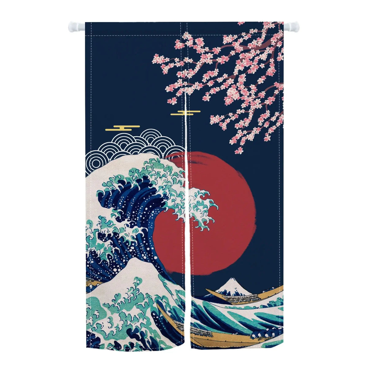 rideau porte art japonais ondes fleurs cerisier opacité anneaux bleu marine blanc rouge
