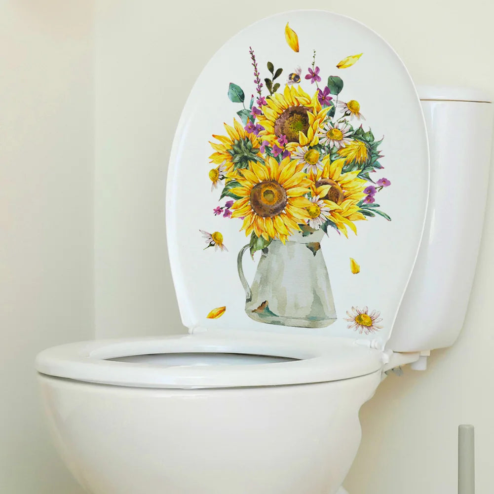 autocollant floral tournesol vase décoration mur toilettes aquarelle illustré abeilles fleurs naturellements inclusion plantes