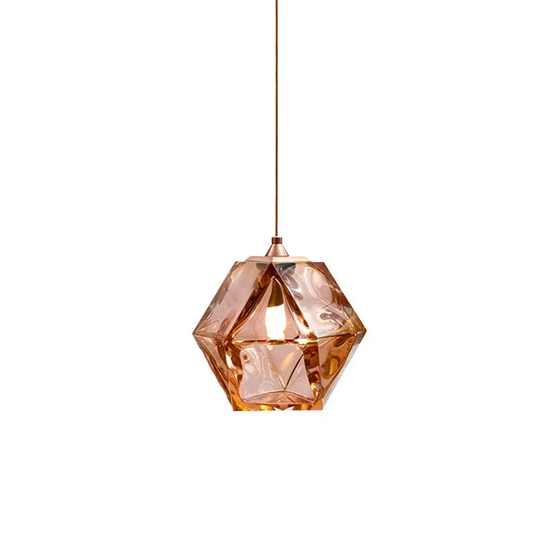 lampe suspendue moderne rose doré facettes géométriques opacité chaîne métallique flux lumineux 60 249