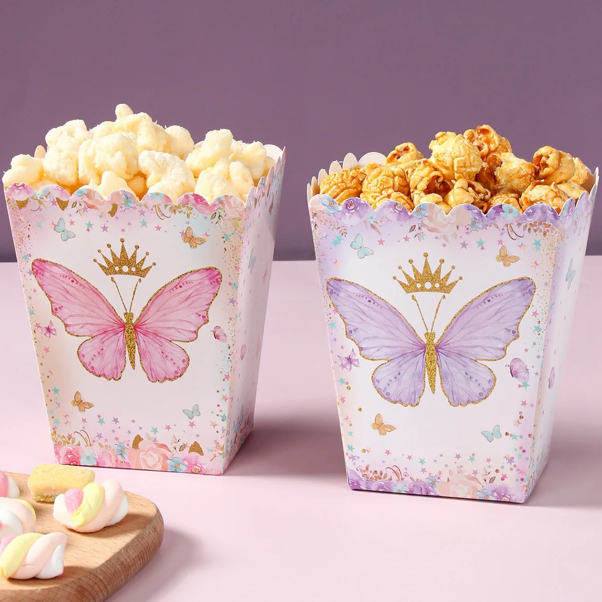 boîtes pop corn décoratives papillons rose violet doré fête anniversaire mariage baptême fille