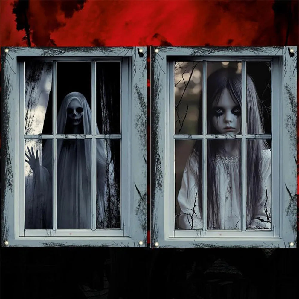 rideau halloween gris noir blanc toile d'araignée sang horreur fenêtre
