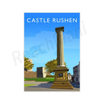 L'image montre le château Rushen, un célèbre monument historique situé sur l'île de Man, avec une grande tour centrale entourée de bâtiments et d'arbres verdoyants sous un ciel bleu.