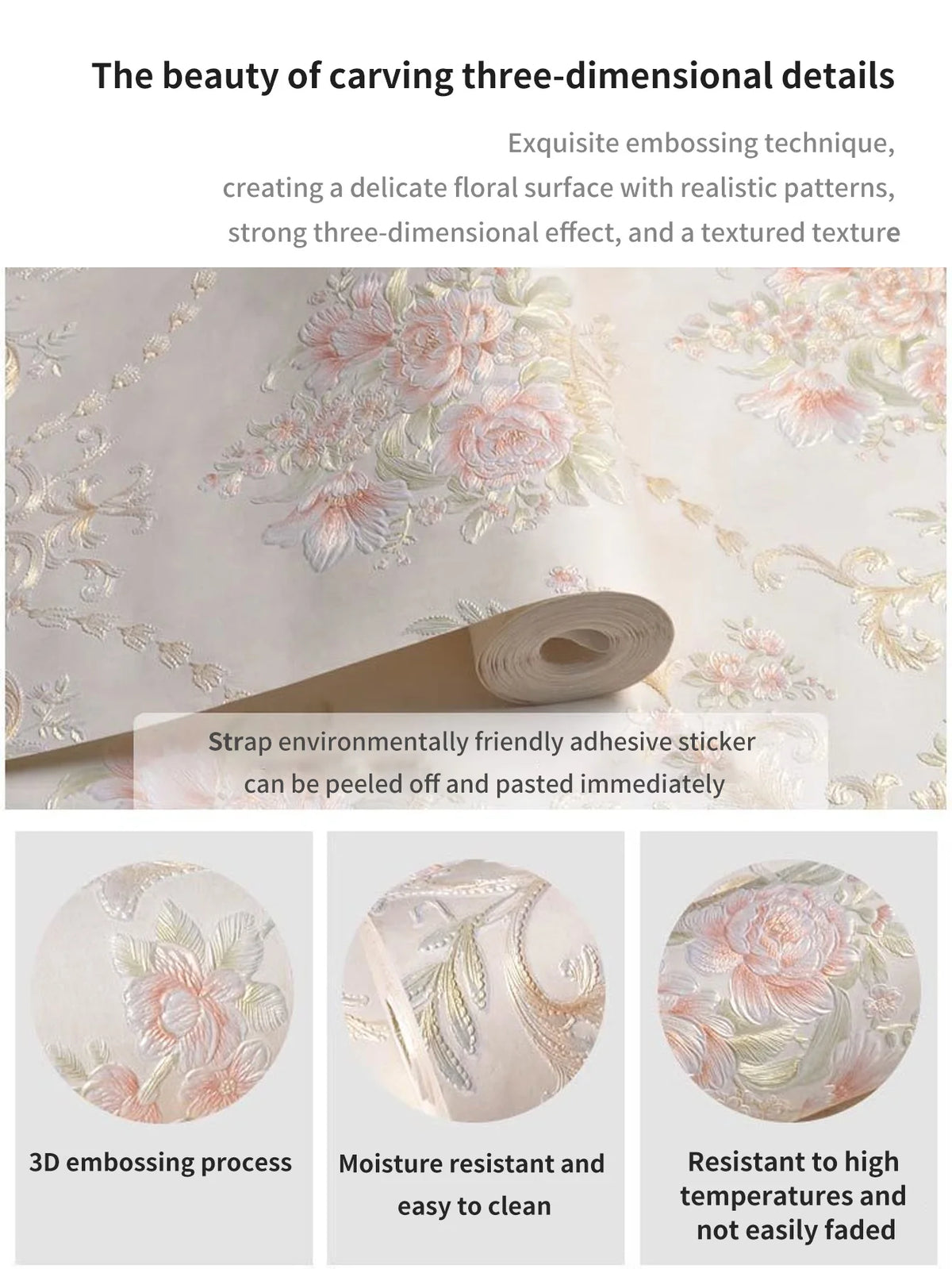 papier peint adhésif fleurs ornements floraux classique beige rose vert