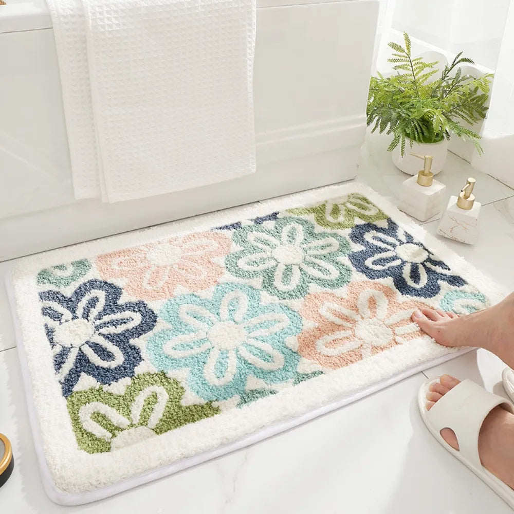tapis bain antidérapant polyester feuilles fleurs happy moderne décoratif facile nettoyer