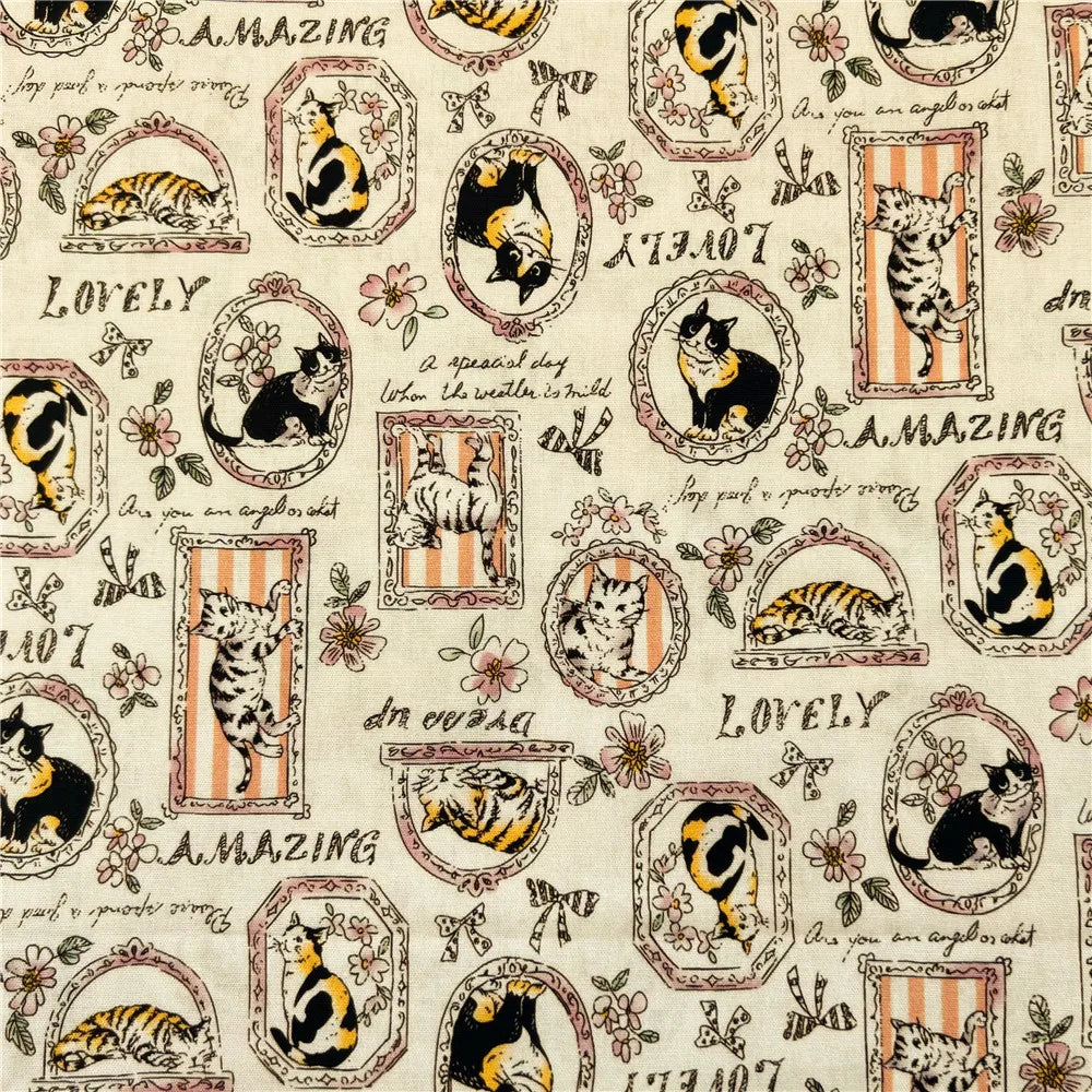 tissu imprimé chats cadres fleurs vintage romantique beige noir orange rose blanc