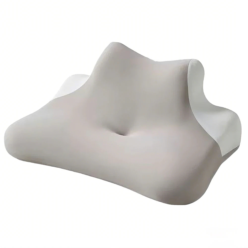 coussin cervical mousse mémoire forme bleu clair texture ergonomique alignement colonne vertébrale relaxation sommeil