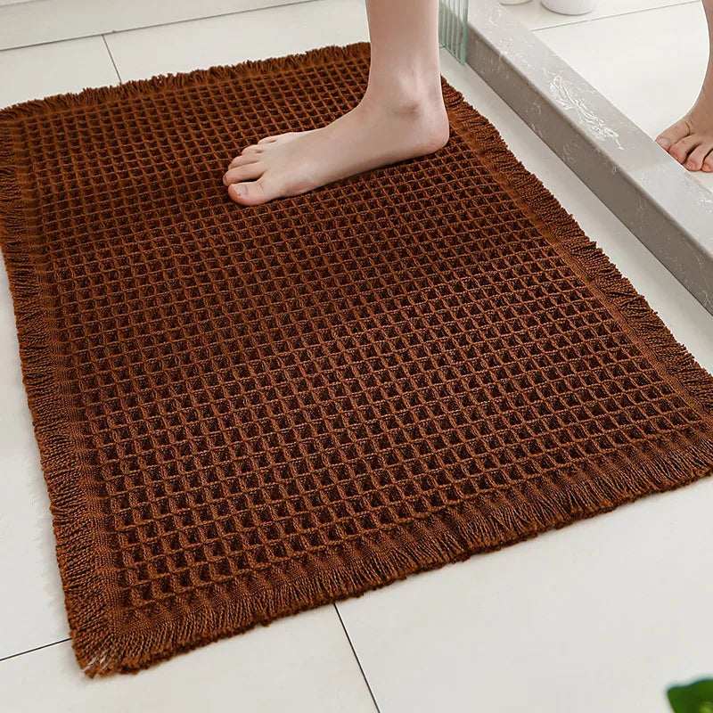 tapis moderne rustique texture carreaux beige clair antidérapant polyester tressé salon bain extérieur