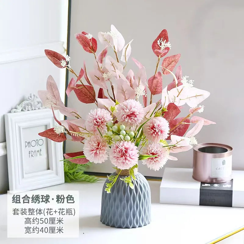 bouquet artificiel moderne fleurs boules feuilles vertes bleu blanc rouge