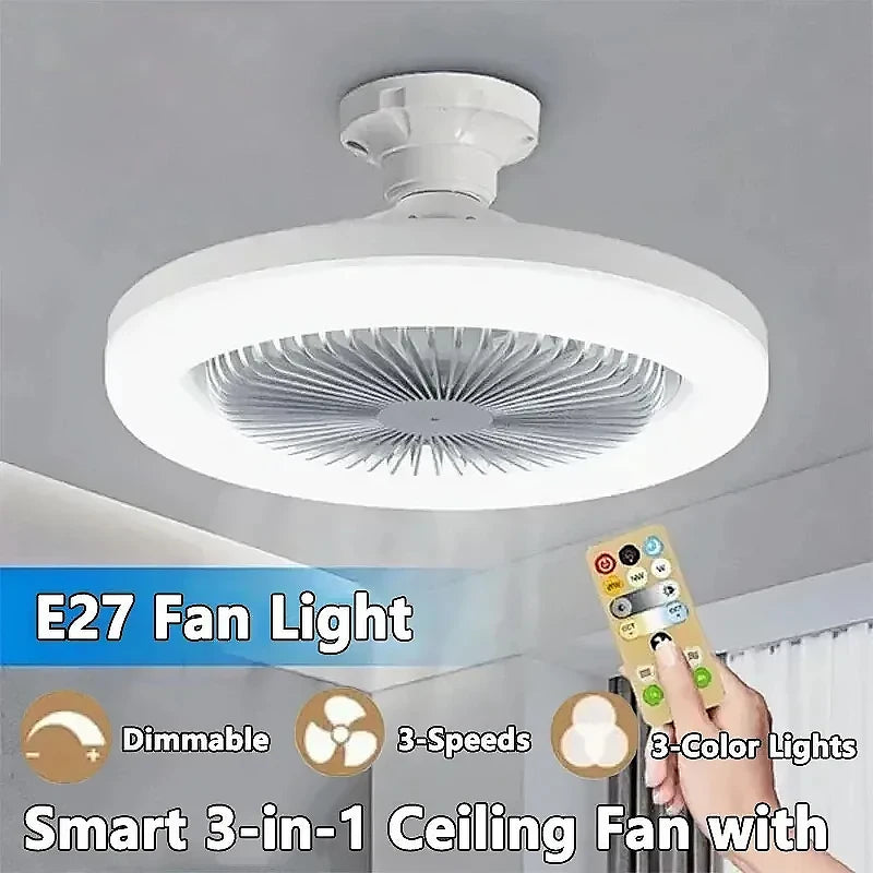 ventilateur moderne blanc led télécommande grille rayons symétriques flux lumineux économique double fonction