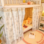 rideau lit enfant motif animaux blanc beige rose tulle semi transparent fronces rubans métalliques