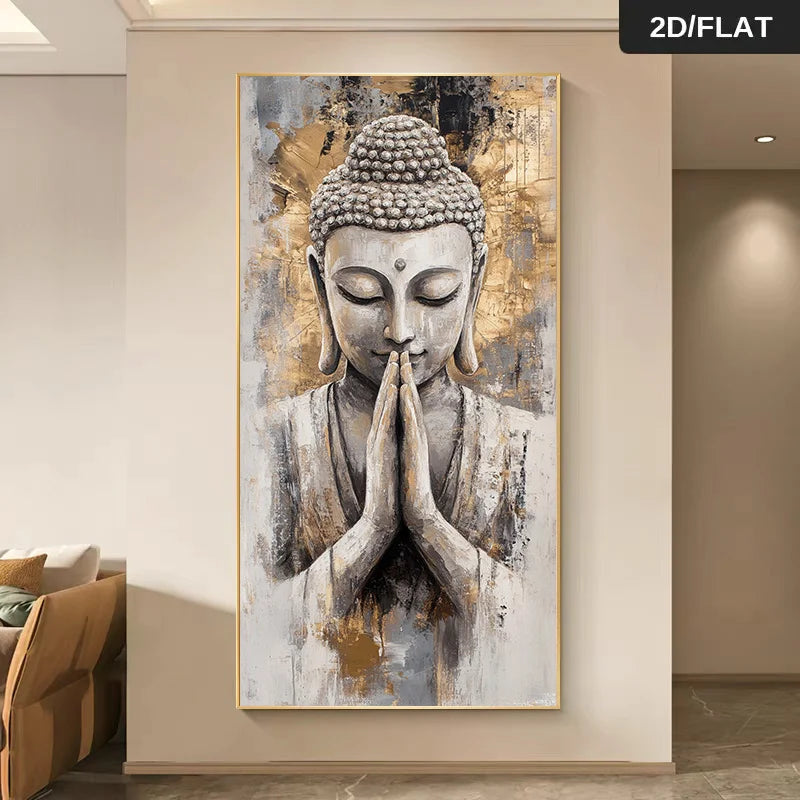 tableau abstrait moderne sans cadre peinture bouddha zen décoration salon contemporain minimaliste gris doré
