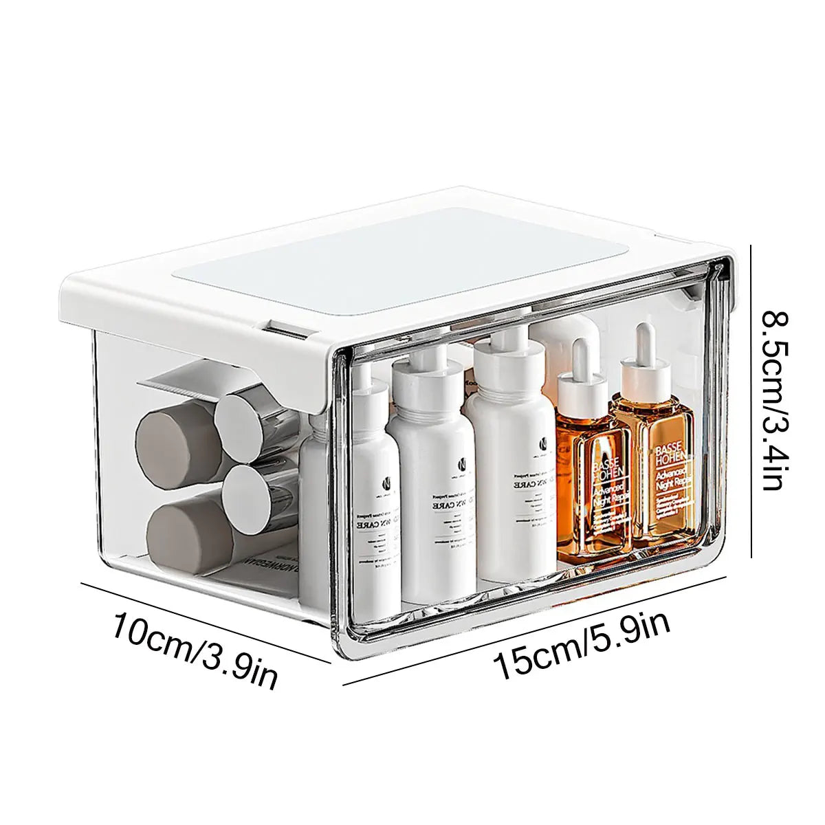 boîte rangement transparente cosmétiques moderne minimaliste adhésive éponge maquillage brosse crèmes lotions trousse beauté