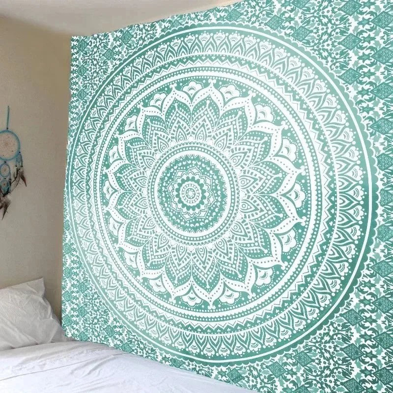tapisserie mandala bohème verte blanche motif floral décoration murale chambre salon portable camping