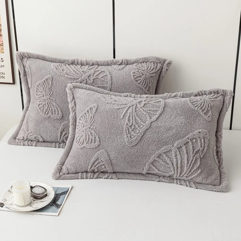 taies d'oreiller jacquard papillons brodés gris bleu rose vert beige violet modernes lit hiver