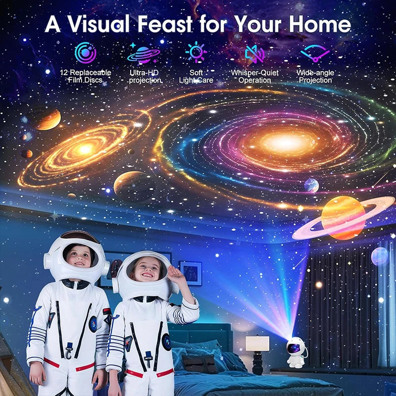 projecteur d'étoiles astronaute galaxie blanc moderne 12 disques projection flux lumineux nébulose chambre enfant
