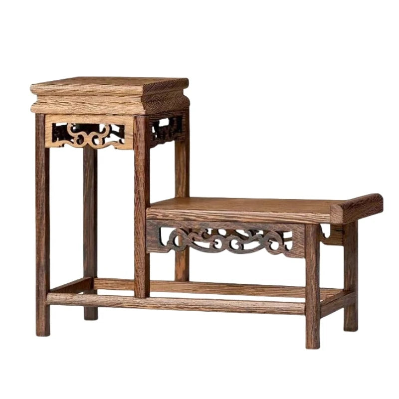 présentoir bois sculpté banc traditionnel marron foncé classique meuble rétro décoration maison figurines plantes
