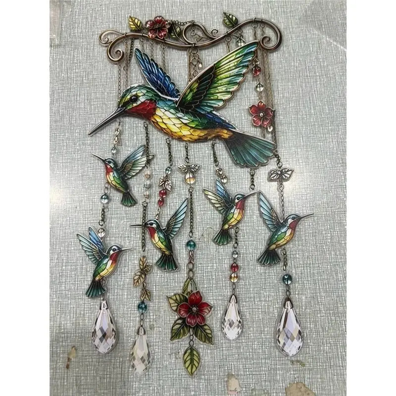 cloche vent colibris fleurs chaînes dorées artisanal jardin vert bleu rouge or