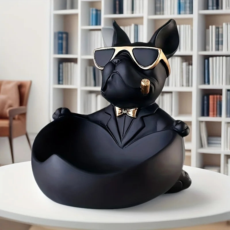 statue bulldog noir résine lunettes cravate cigare décoration humoristique maison moderne