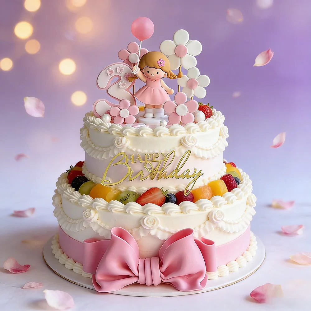décoration gâteau anniversaire fille princesse fleurs rose blanc doré figurine ballon ruban satiné festif