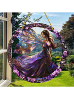 cadre circulaire boho violet noir doré fleurs papillons étoiles opalescent elfes suspension 20cm