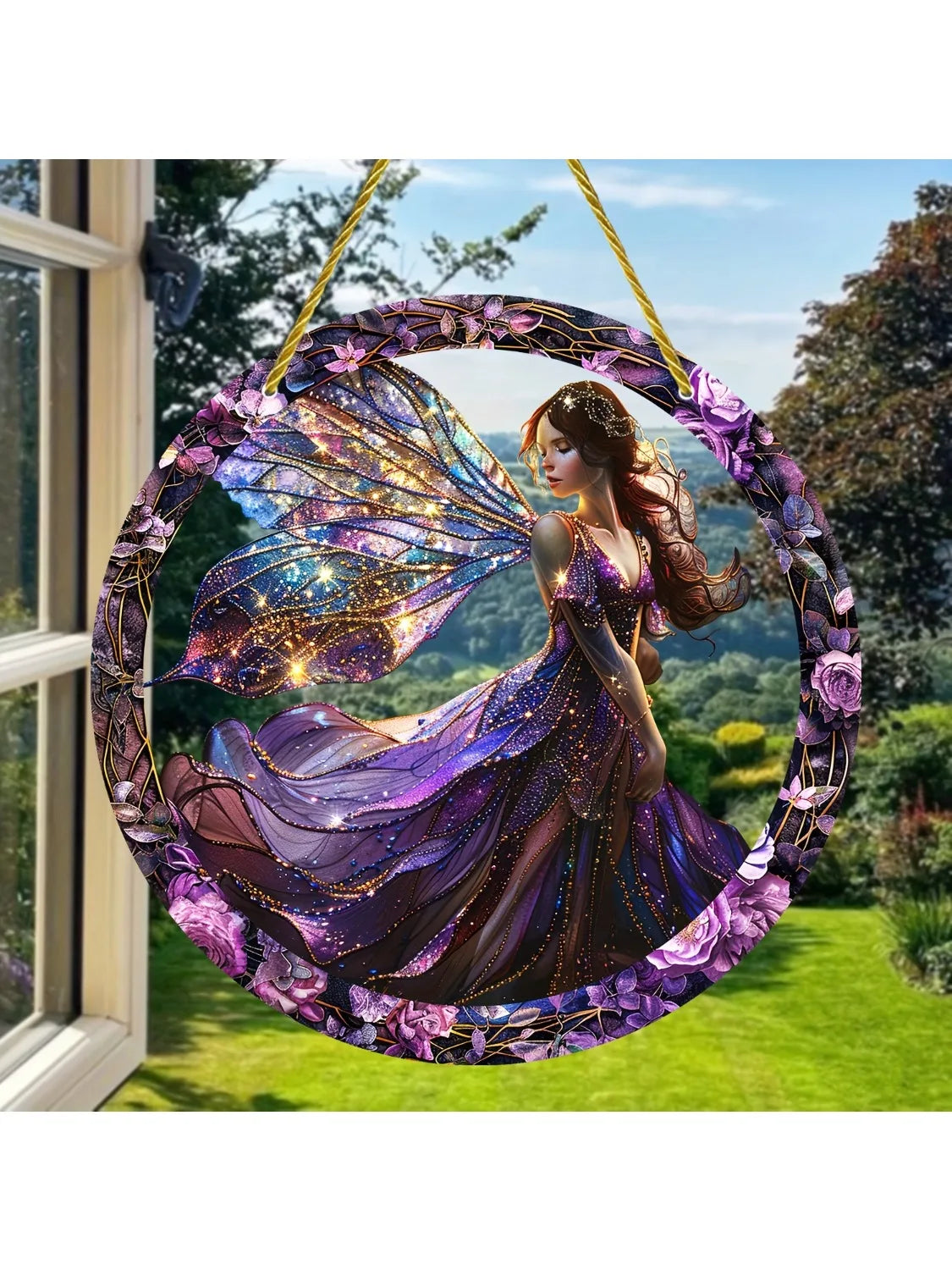 cadre circulaire boho violet noir doré fleurs papillons étoiles opalescent elfes suspension 20cm