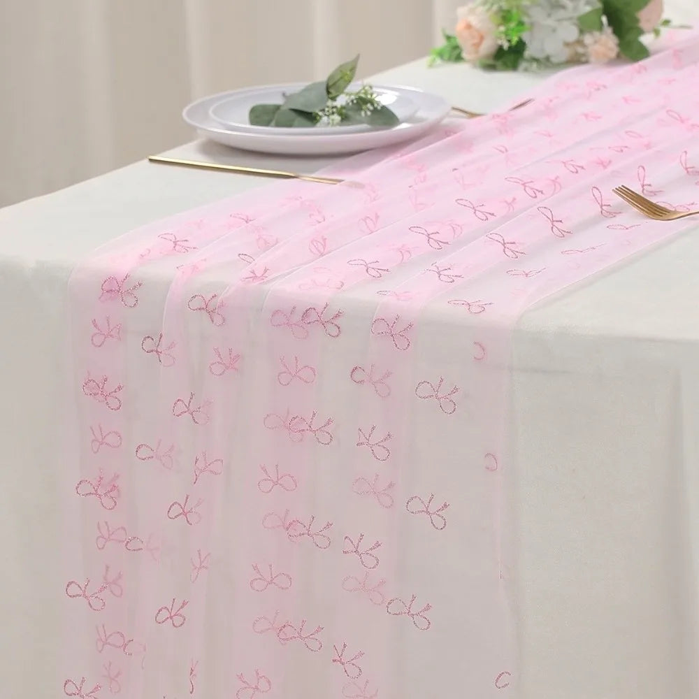 chemin table rose transparent nœuds brodés motif festif décoration mariage table restaurant