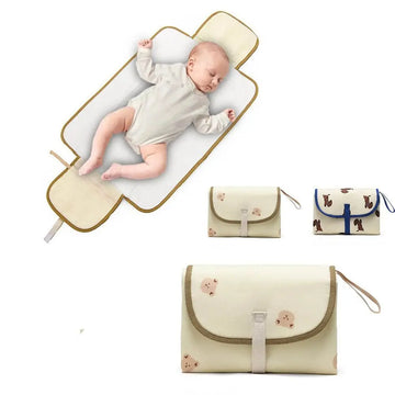 tapis langer pliable bébé oursons chiens compartiments rangement crème marron bleu foncé vert olive